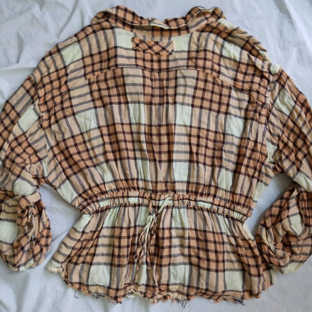 We The Free Pacific Dawn Peach Brown Plaid Button Down Top Boho Women's Shirt L - Picture 10 of 12